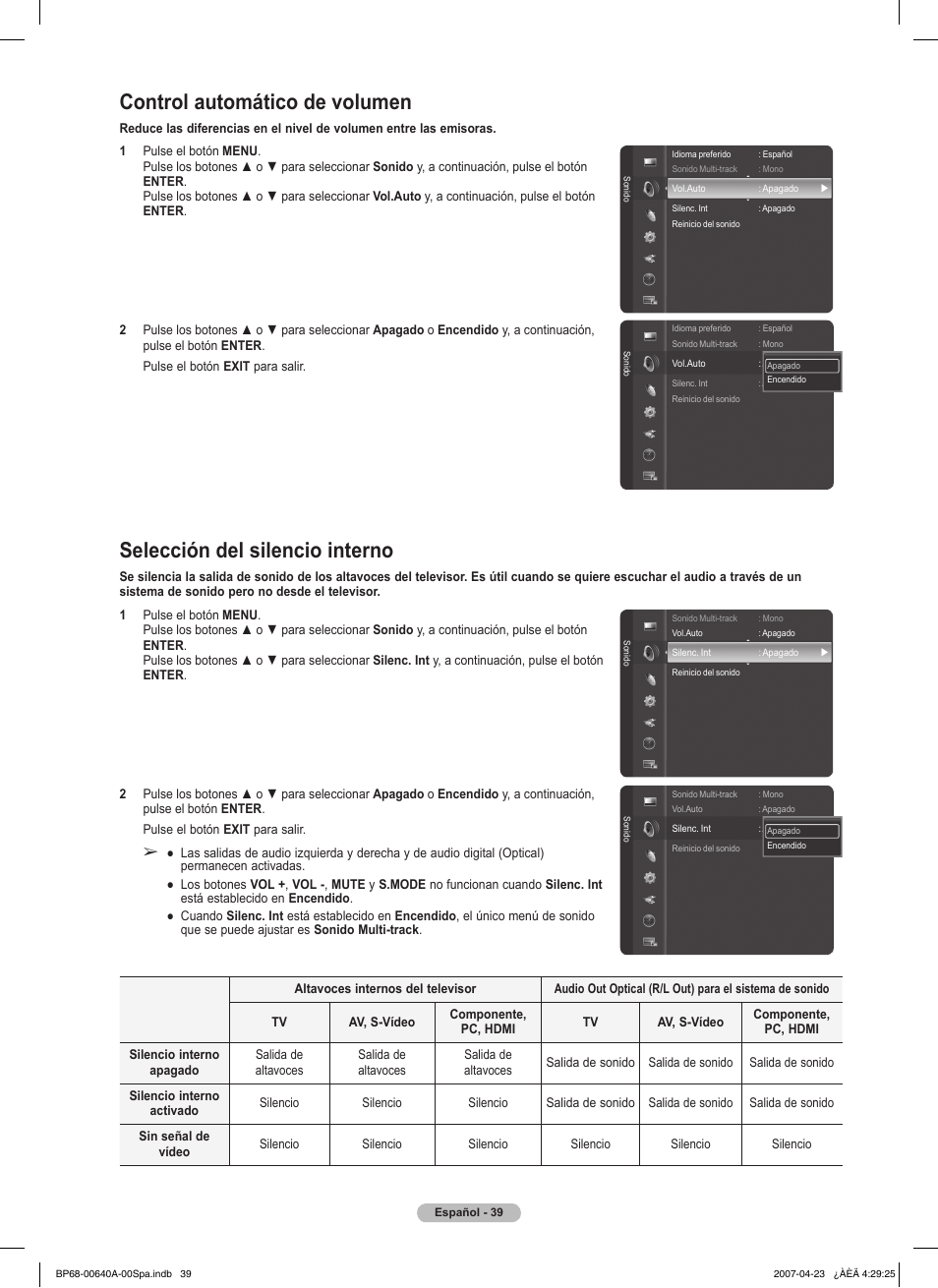 Control automático de volumen, Selección del silencio interno | Samsung HLT7288WX-XAA User Manual | Page 224 / 276