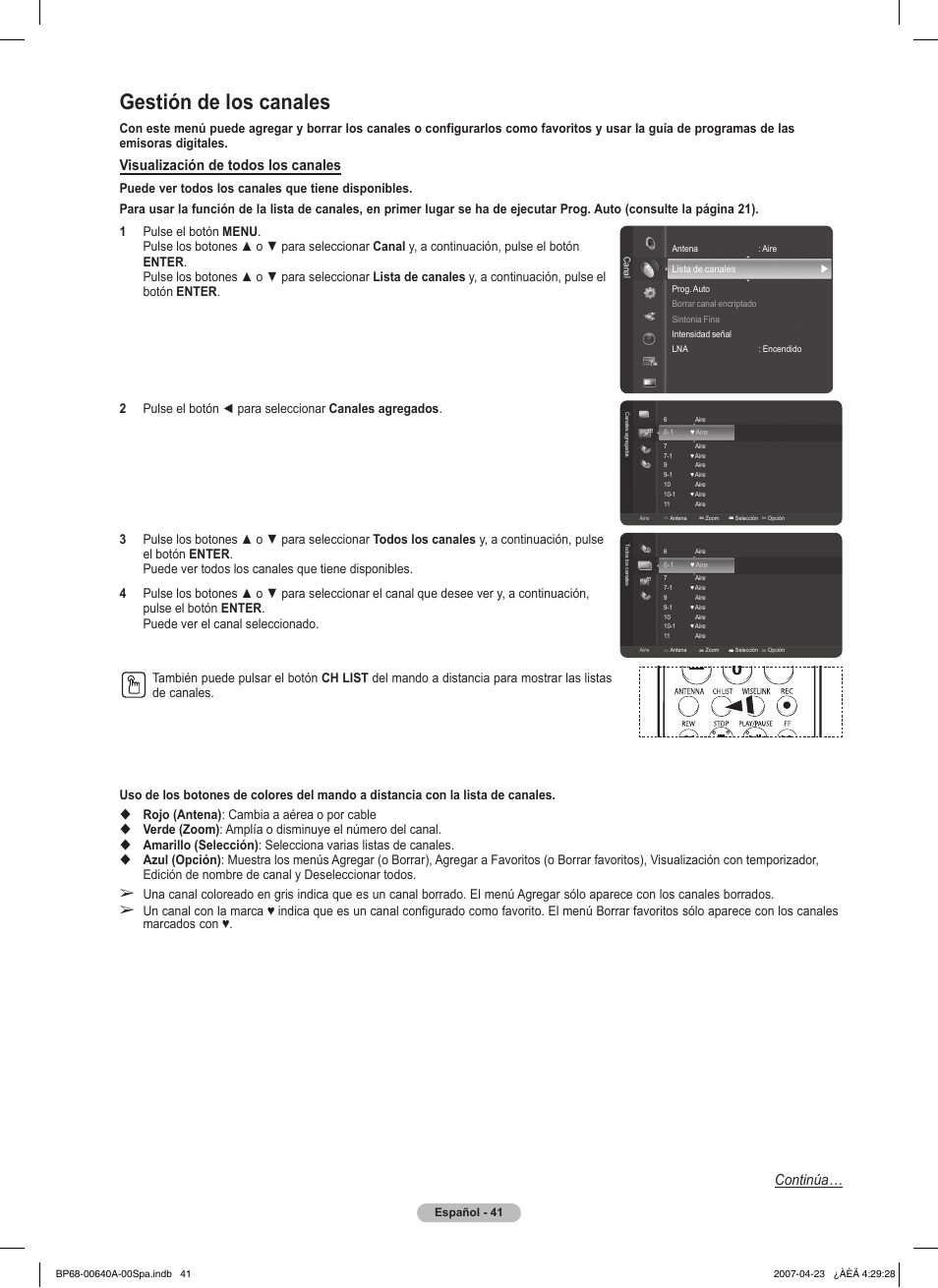 Gestión de los canales, Visualización de todos los canales, Continúa | Samsung HLT7288WX-XAA User Manual | Page 226 / 276
