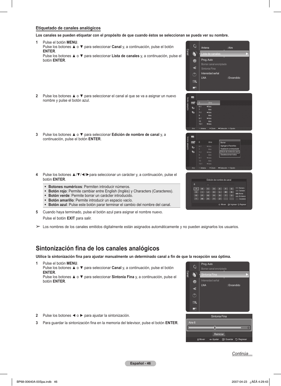 Sintonización fina de los canales analógicos, Etiquetado de canales analógicos, Continúa | Samsung HLT7288WX-XAA User Manual | Page 231 / 276