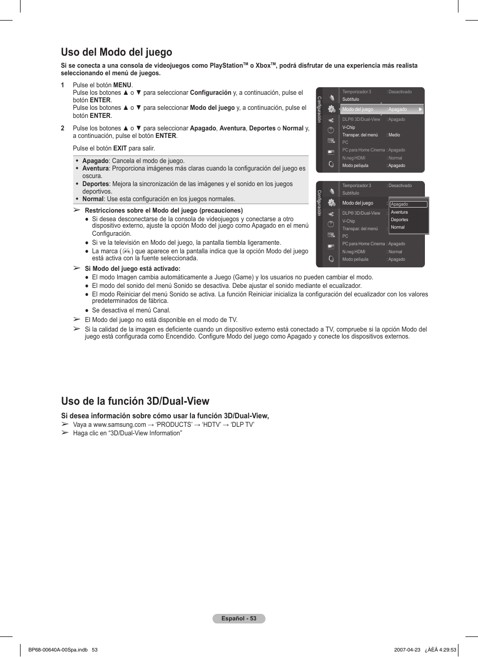 Uso del modo del juego, Uso de la función 3d/dual-view | Samsung HLT7288WX-XAA User Manual | Page 238 / 276