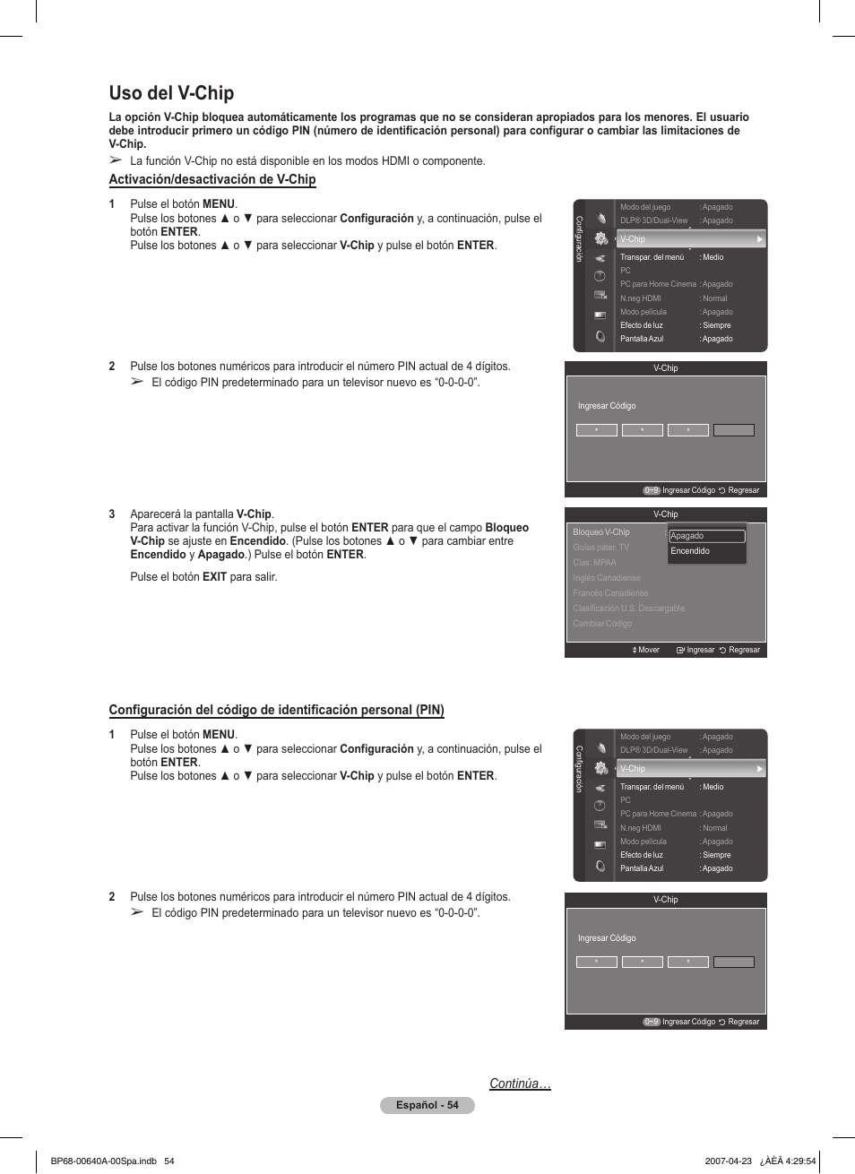 Uso del v-chip, Activación/desactivación de v-chip, Continúa | Samsung HLT7288WX-XAA User Manual | Page 239 / 276