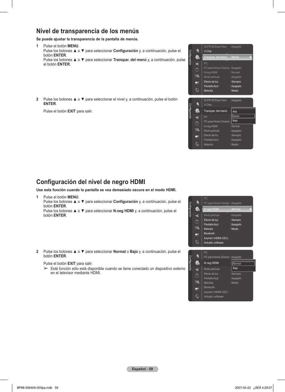 Nivel de transparencia de los menús, Configuración del nivel de negro hdmi | Samsung HLT7288WX-XAA User Manual | Page 244 / 276