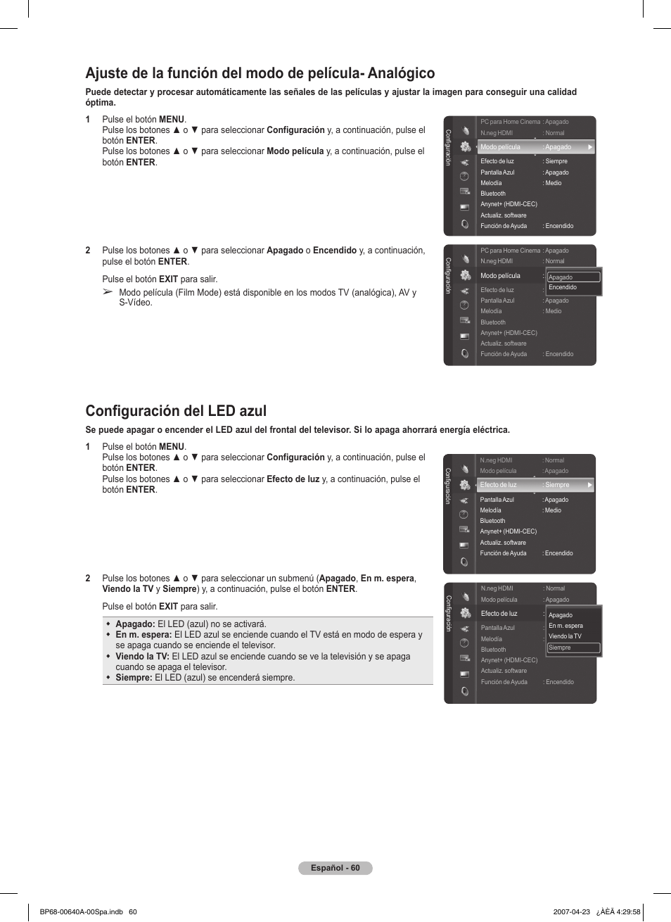 Configuración del led azul | Samsung HLT7288WX-XAA User Manual | Page 245 / 276