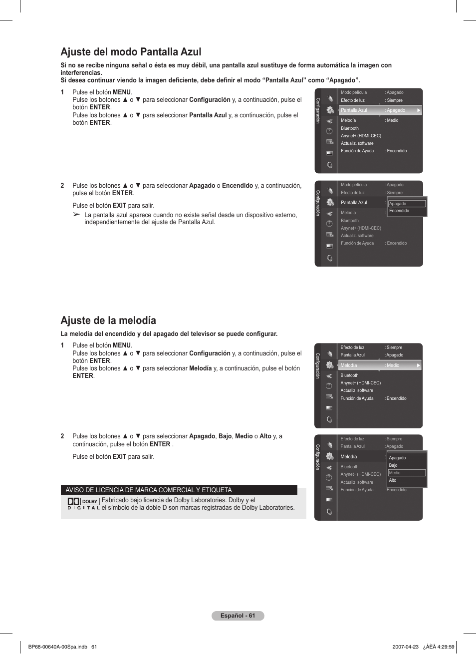 Ajuste de la melodía, Ajuste del modo pantalla azul | Samsung HLT7288WX-XAA User Manual | Page 246 / 276