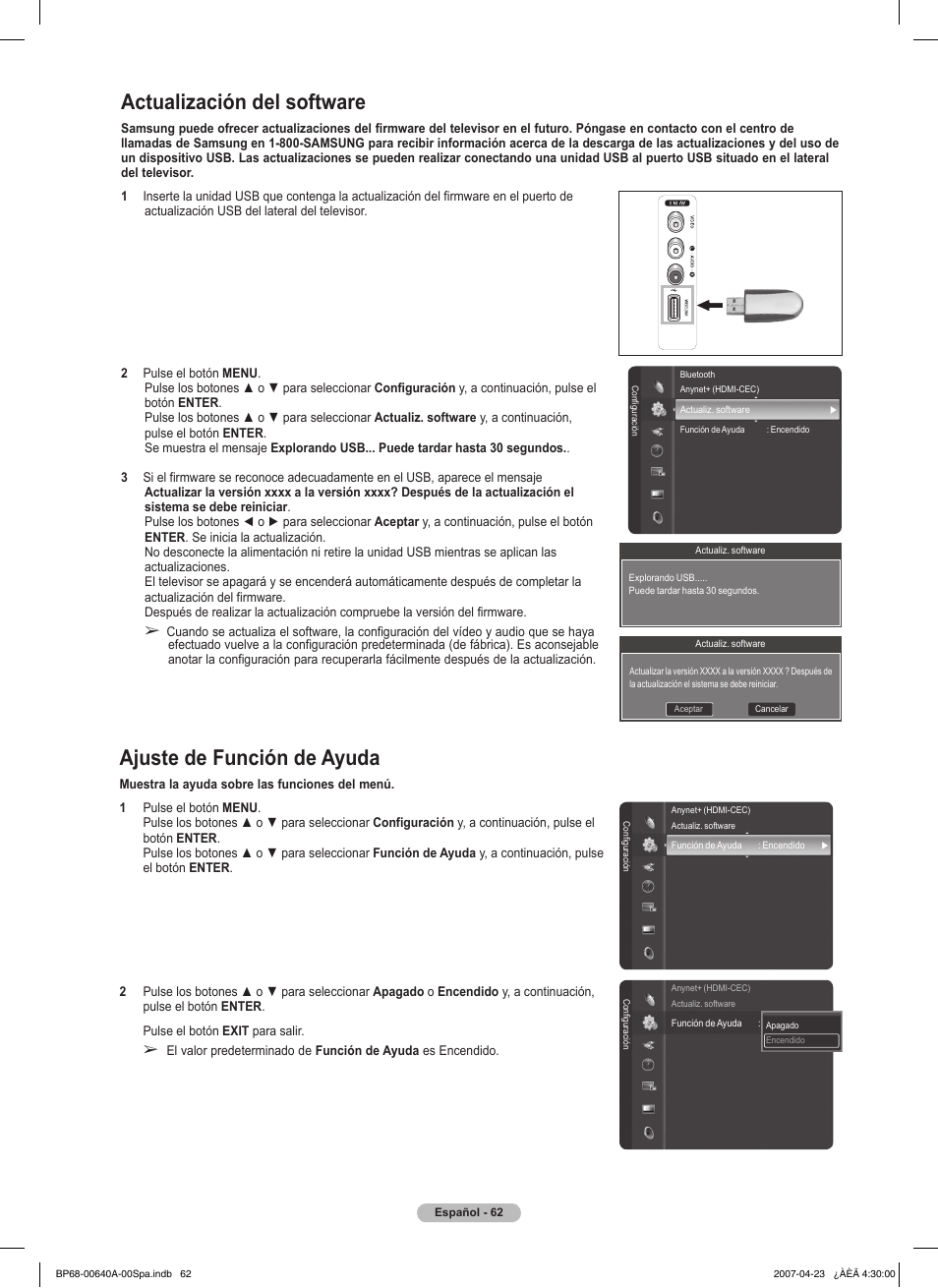 Ajuste de función de ayuda, Actualización del software | Samsung HLT7288WX-XAA User Manual | Page 247 / 276