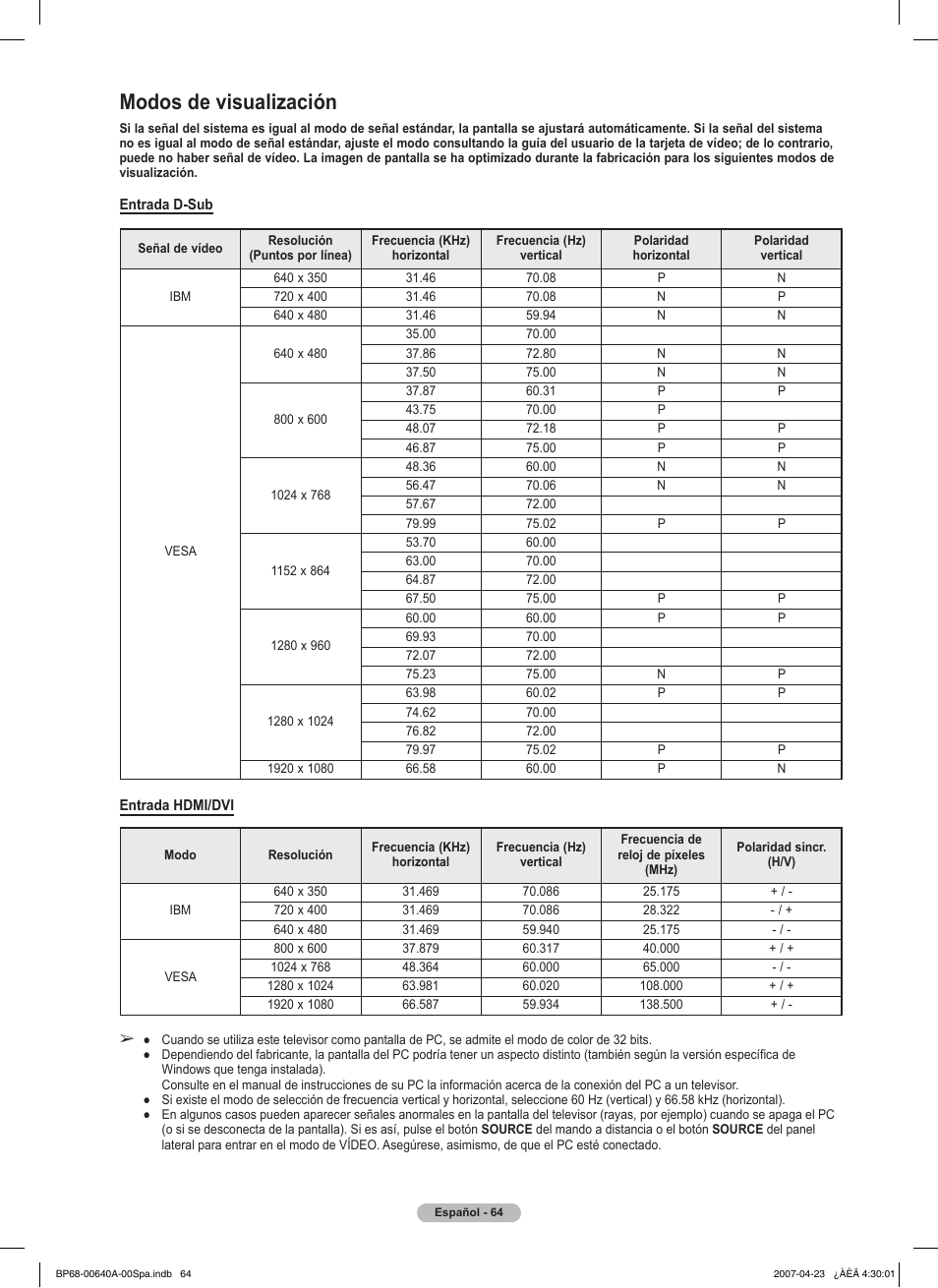 Modos de visualización | Samsung HLT7288WX-XAA User Manual | Page 249 / 276