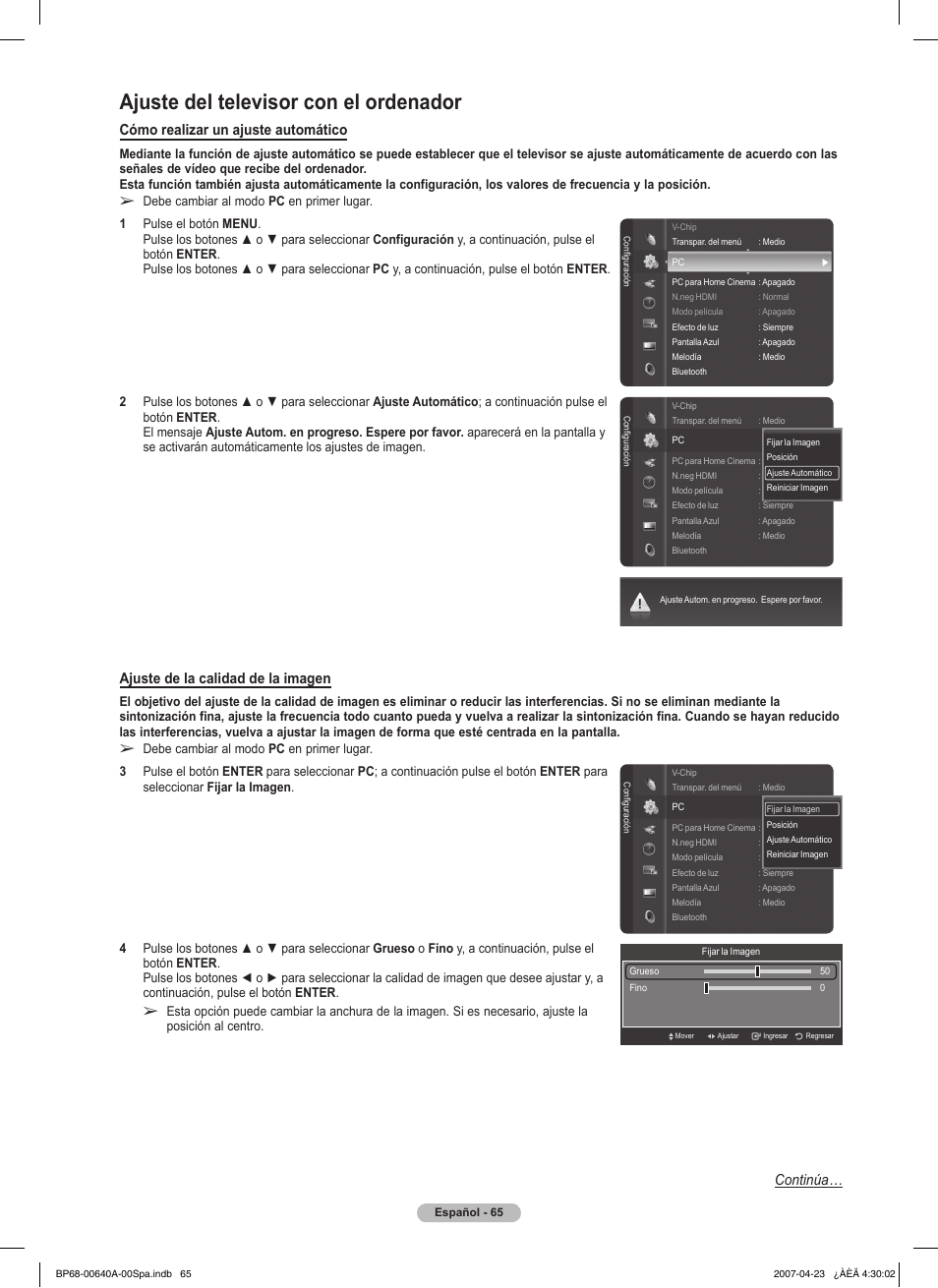 Ajuste del televisor con el ordenador, Cómo realizar un ajuste automático, Ajuste de la calidad de la imagen | Continúa | Samsung HLT7288WX-XAA User Manual | Page 250 / 276