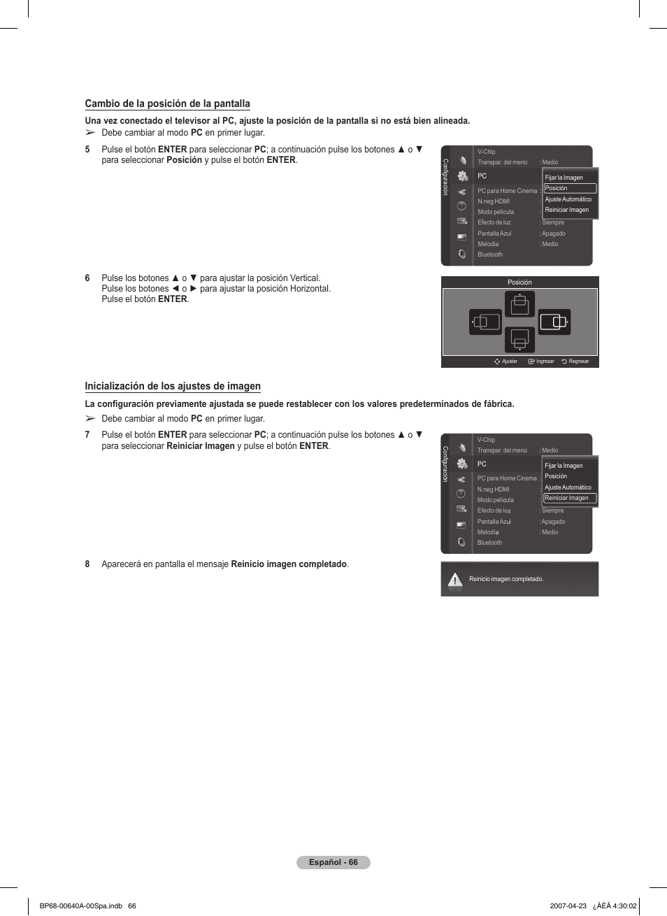 Cambio de la posición de la pantalla, Inicialización de los ajustes de imagen | Samsung HLT7288WX-XAA User Manual | Page 251 / 276