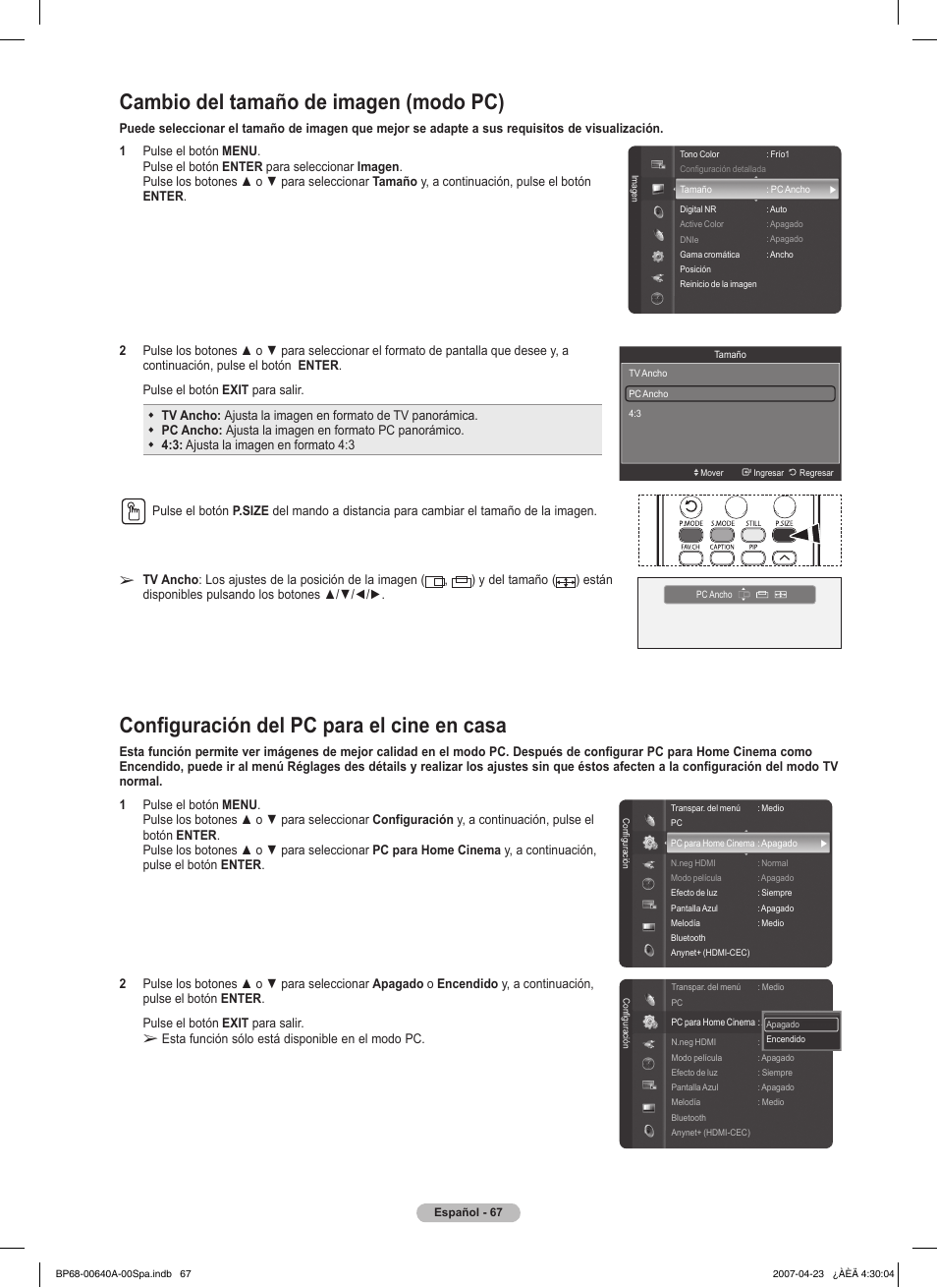 Configuración del pc para el cine en casa, Cambio del tamaño de imagen (modo pc) | Samsung HLT7288WX-XAA User Manual | Page 252 / 276