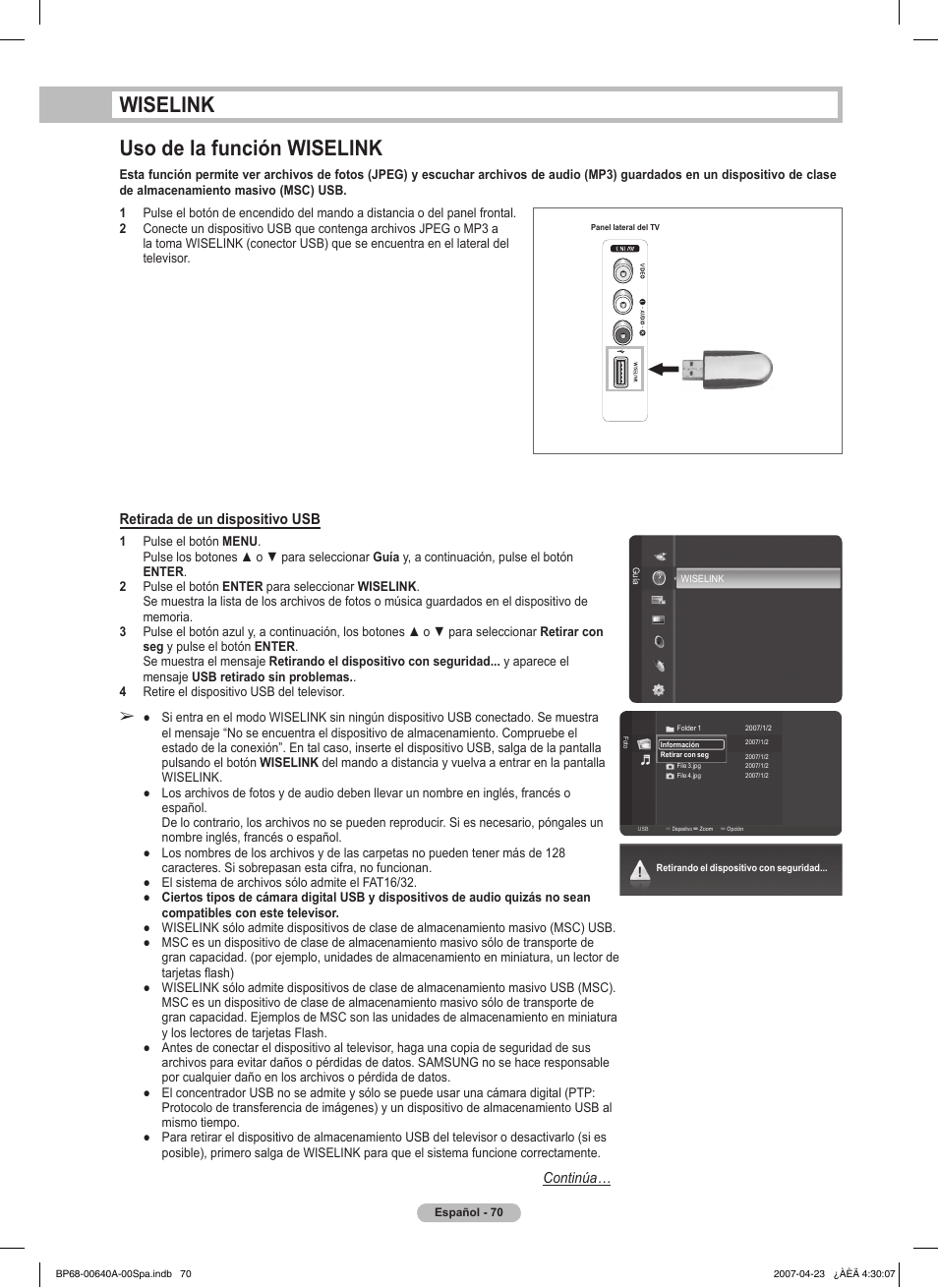 Wiselink uso de la función wiselink, Retirada de un dispositivo usb, Continúa | Samsung HLT7288WX-XAA User Manual | Page 255 / 276