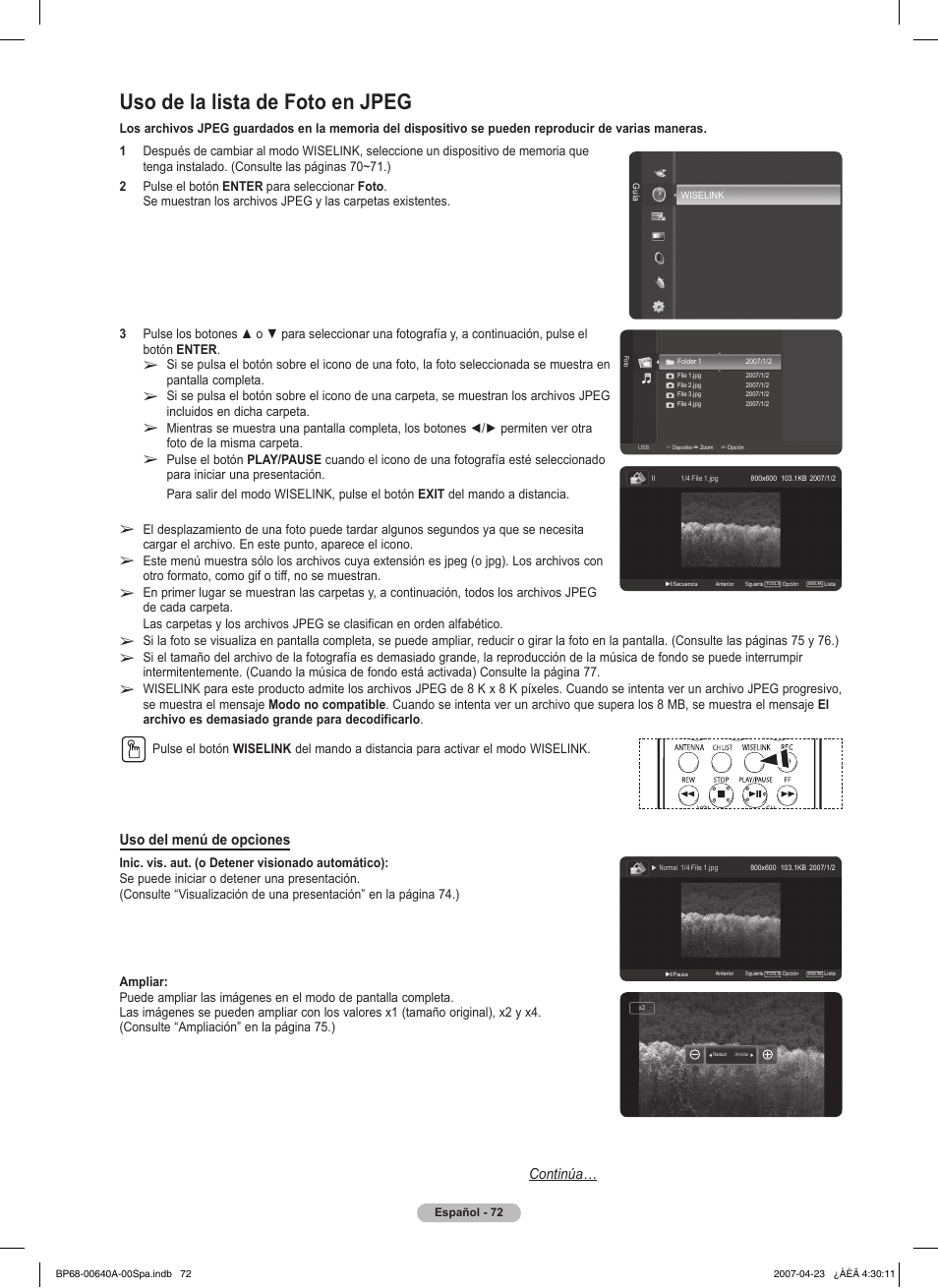 Uso de la lista de foto en jpeg, Uso del menú de opciones, Continúa | Samsung HLT7288WX-XAA User Manual | Page 257 / 276