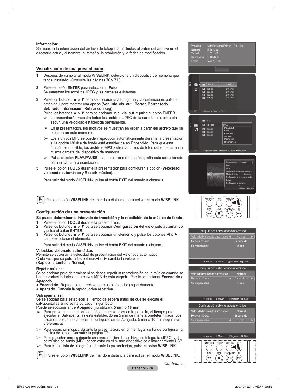 Continúa… configuración de una presentación, Visualización de una presentación | Samsung HLT7288WX-XAA User Manual | Page 259 / 276