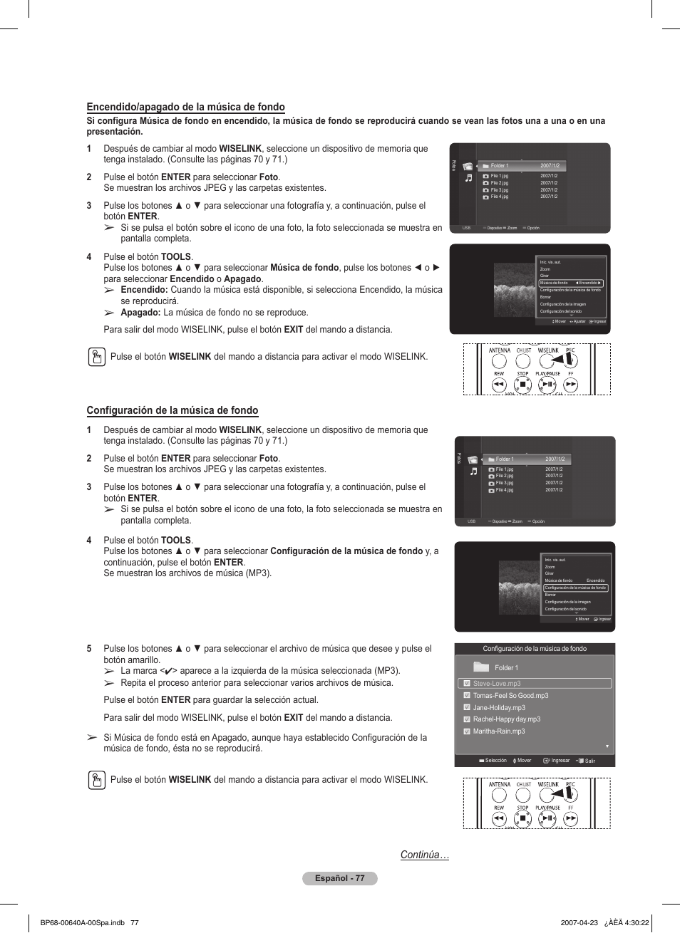 Continúa… encendido/apagado de la música de fondo, Configuración de la música de fondo | Samsung HLT7288WX-XAA User Manual | Page 262 / 276