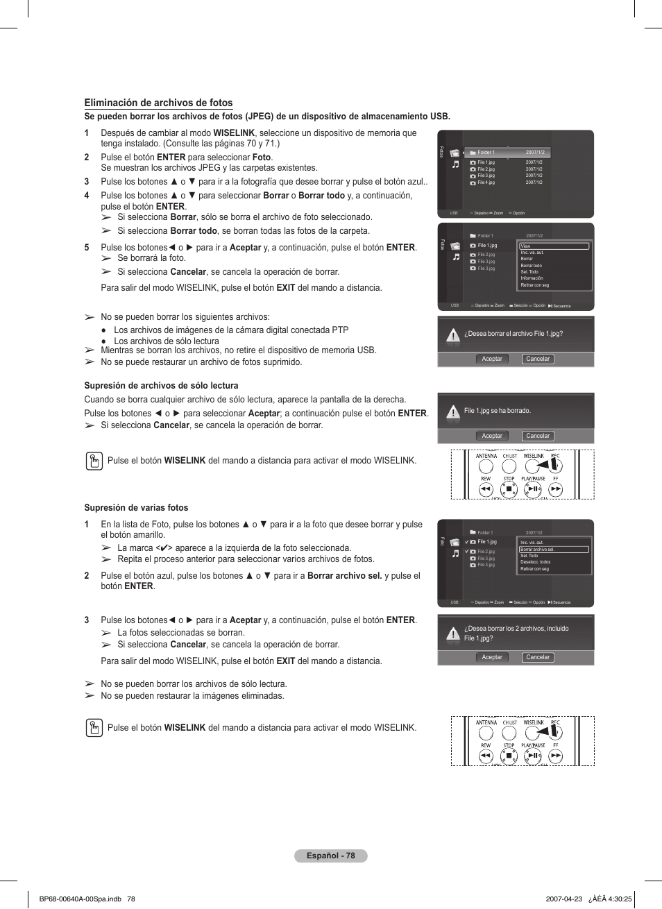 Eliminación de archivos de fotos, Se borrará la foto, La fotos seleccionadas se borran | No se pueden borrar los archivos de sólo lectura | Samsung HLT7288WX-XAA User Manual | Page 263 / 276