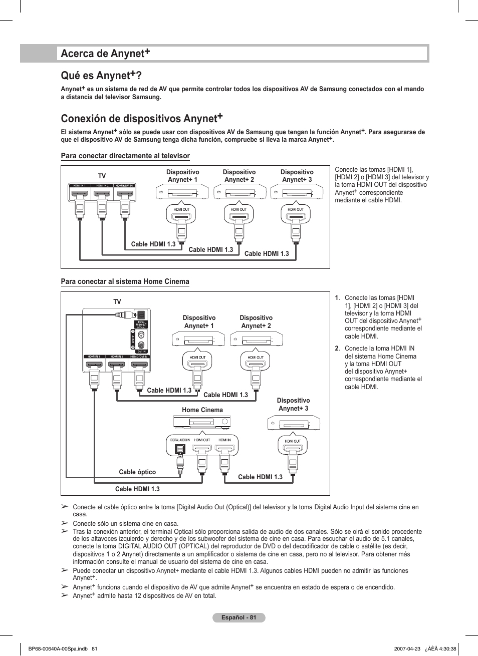 Acerca de anynet+ qué es anynet, Conexión de dispositivos anynet | Samsung HLT7288WX-XAA User Manual | Page 266 / 276