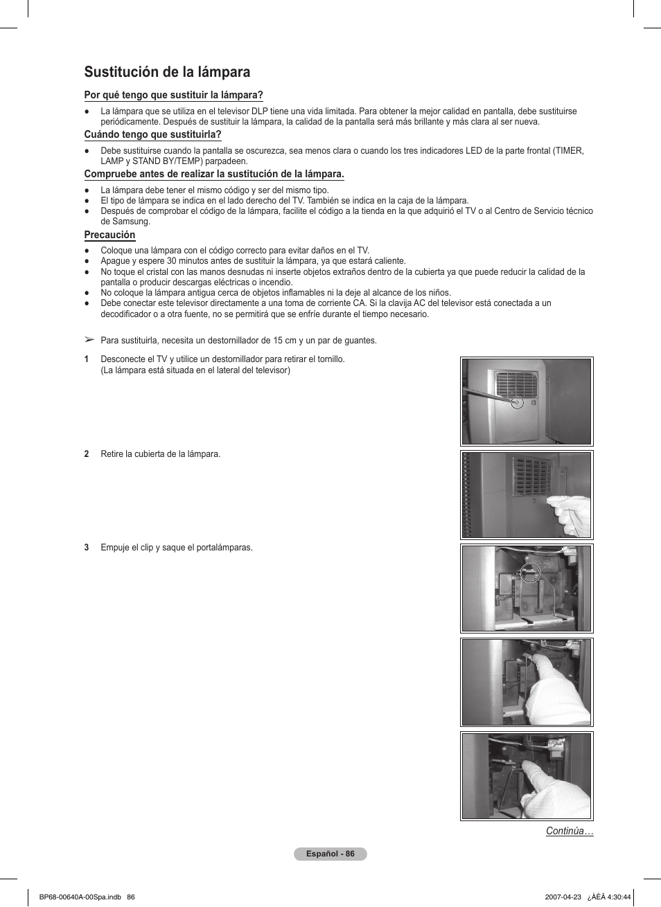 Sustitución de la lámpara | Samsung HLT7288WX-XAA User Manual | Page 271 / 276