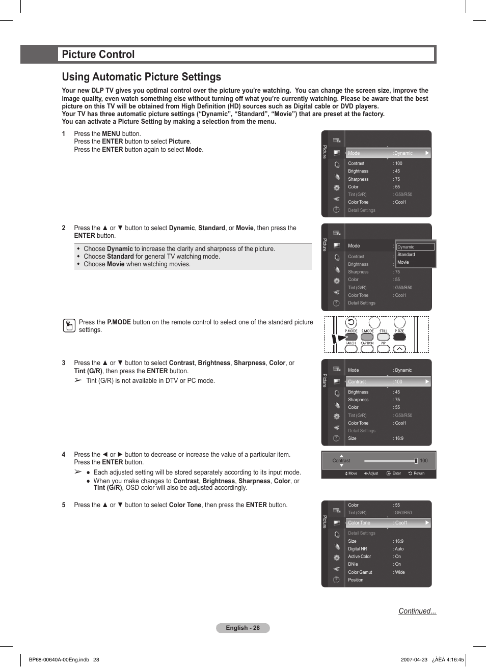 Picture control, Using automatic picture settings, Picture control using automatic picture settings | Continued | Samsung HLT7288WX-XAA User Manual | Page 28 / 276