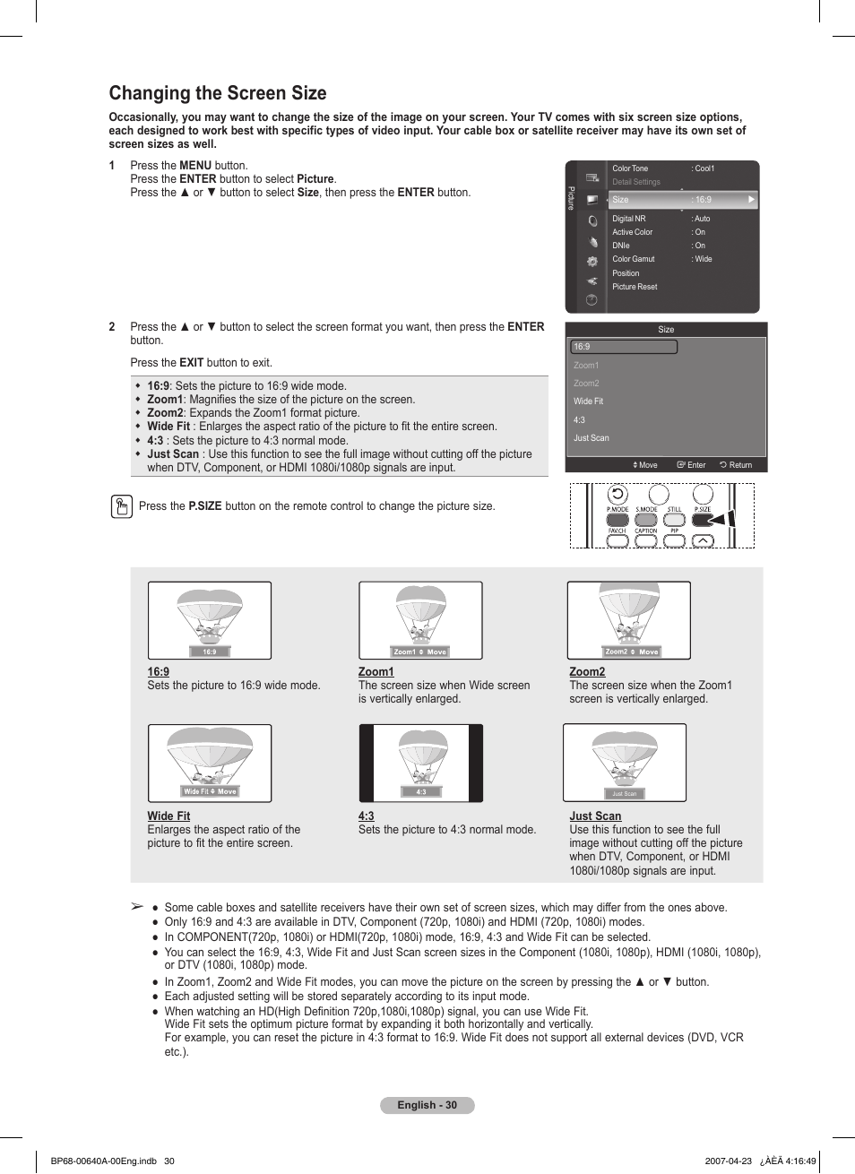 Changing the screen size | Samsung HLT7288WX-XAA User Manual | Page 30 / 276