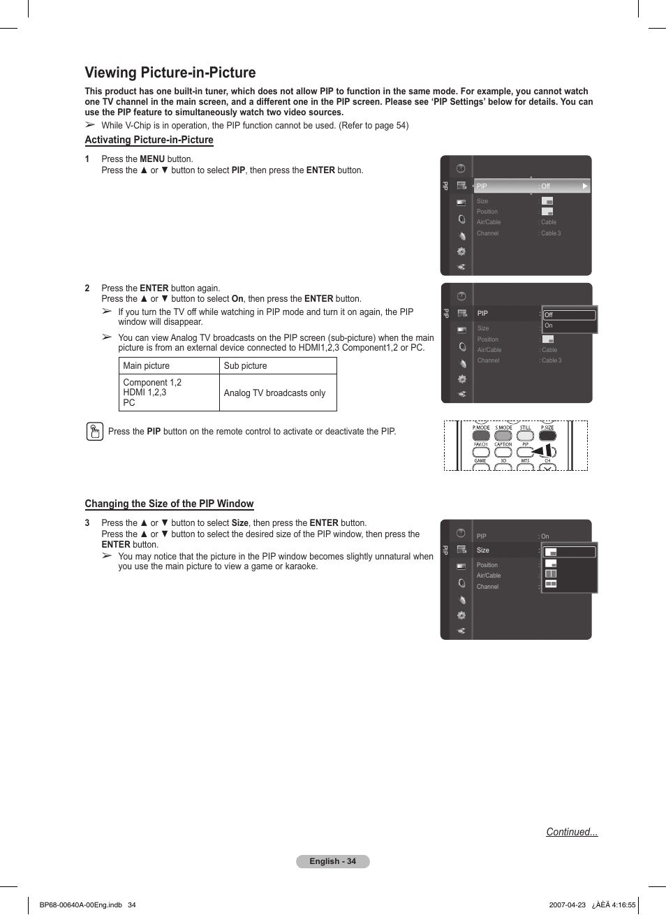 Viewing picture-in-picture, Activating picture-in-picture, Changing the size of the pip window | Continued | Samsung HLT7288WX-XAA User Manual | Page 34 / 276