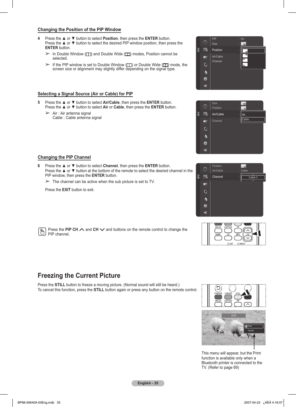 Freezing the current picture, Changing the position of the pip window, Selecting a signal source (air or cable) for pip | Changing the pip channel | Samsung HLT7288WX-XAA User Manual | Page 35 / 276