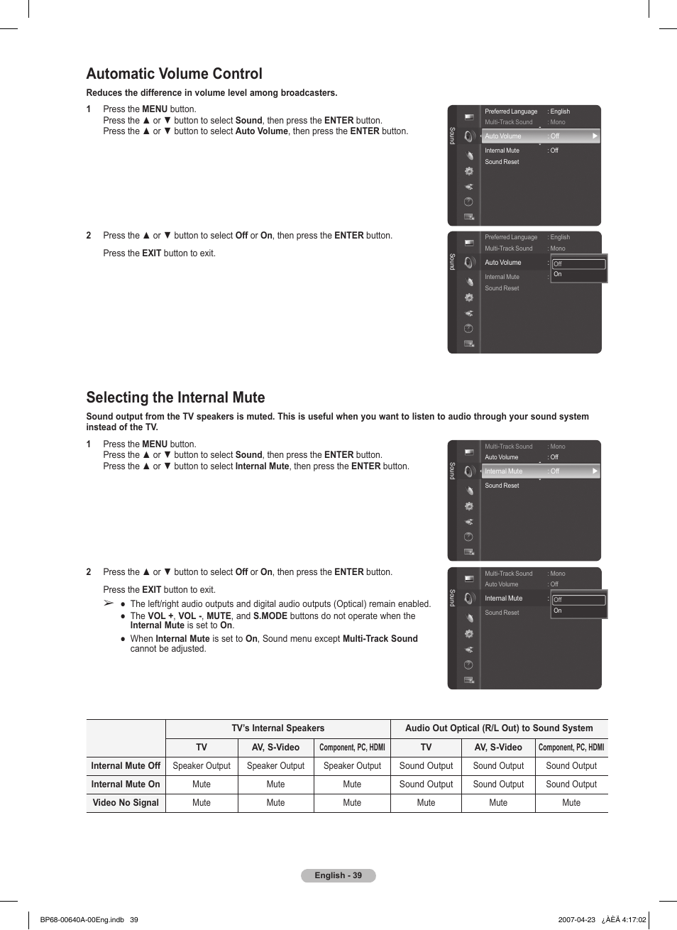 Automatic volume control, Selecting the internal mute | Samsung HLT7288WX-XAA User Manual | Page 39 / 276