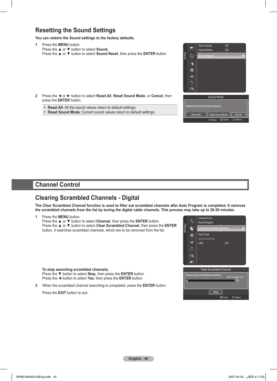 Resetting the sound settings, Channel control, Clearing scrambled channels - digital | Samsung HLT7288WX-XAA User Manual | Page 40 / 276