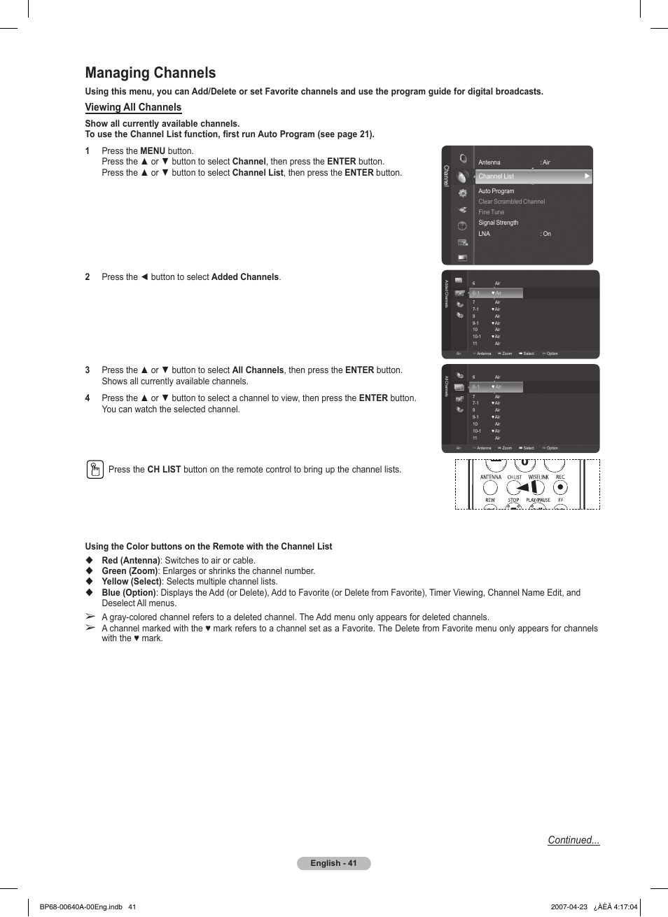 Managing channels, Viewing all channels, Continued | Samsung HLT7288WX-XAA User Manual | Page 41 / 276