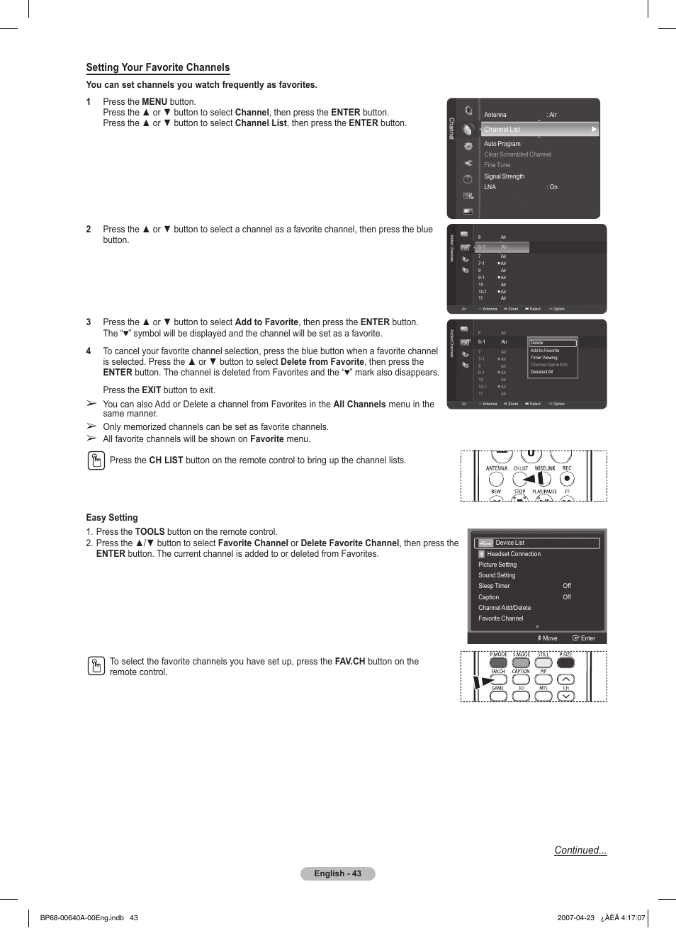 Setting your favorite channels, Continued | Samsung HLT7288WX-XAA User Manual | Page 43 / 276