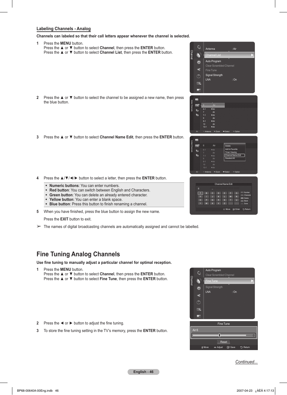 Fine tuning analog channels, Labeling channels - analog, Continued | Samsung HLT7288WX-XAA User Manual | Page 46 / 276