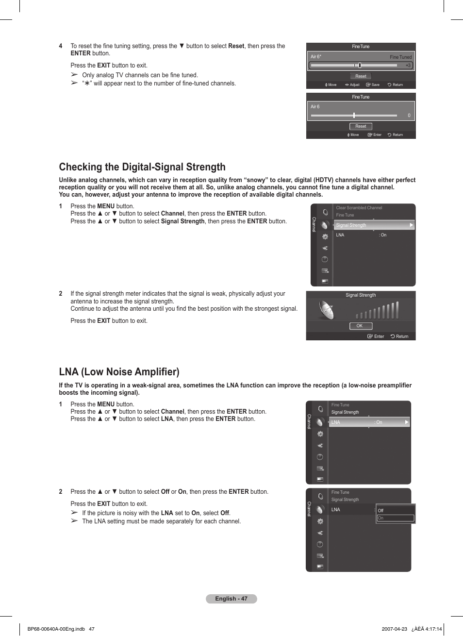 Checking the digital-signal strength, Lna (low noise amplifier) | Samsung HLT7288WX-XAA User Manual | Page 47 / 276