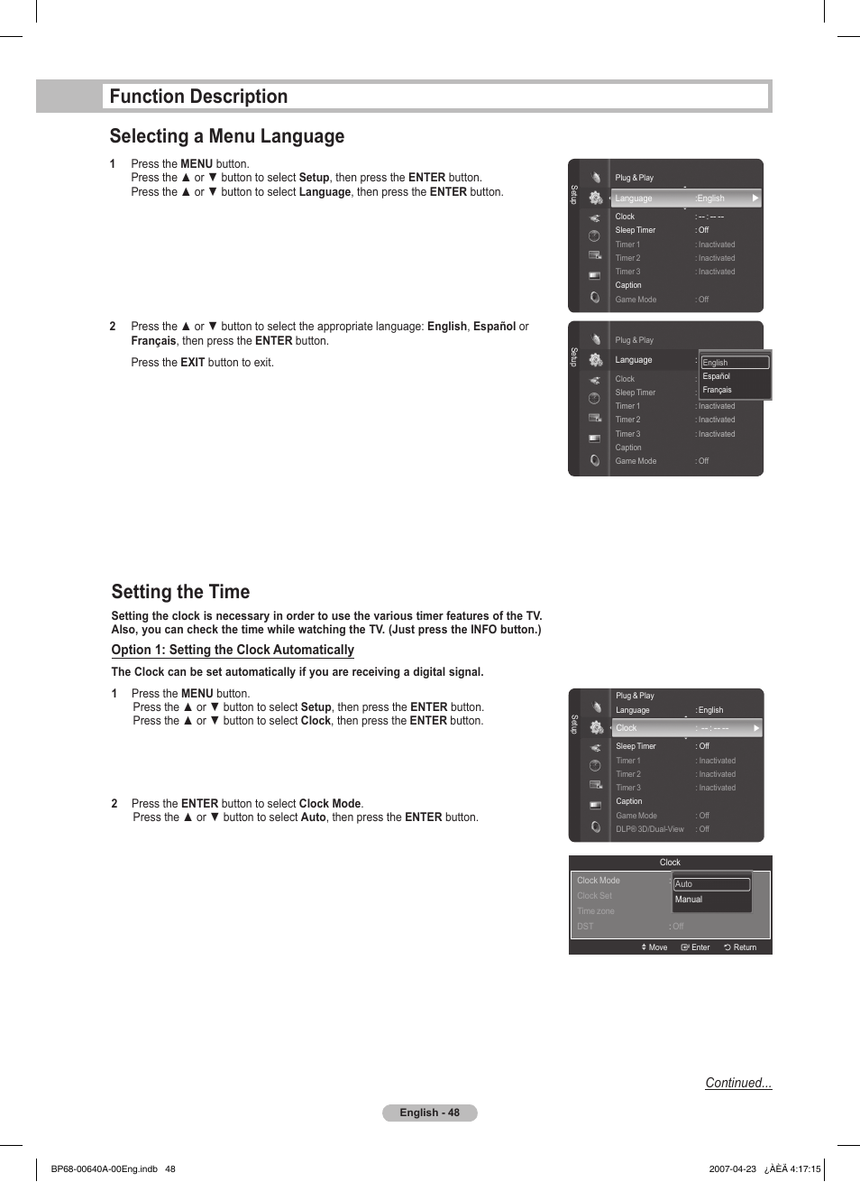 Function description, Selecting a menu language, Setting the time | Function description selecting a menu language, Continued, Option 1: setting the clock automatically | Samsung HLT7288WX-XAA User Manual | Page 48 / 276