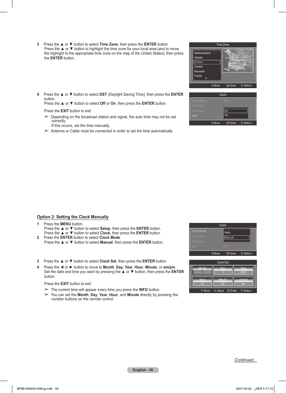 Continued... option 2: setting the clock manually | Samsung HLT7288WX-XAA User Manual | Page 49 / 276