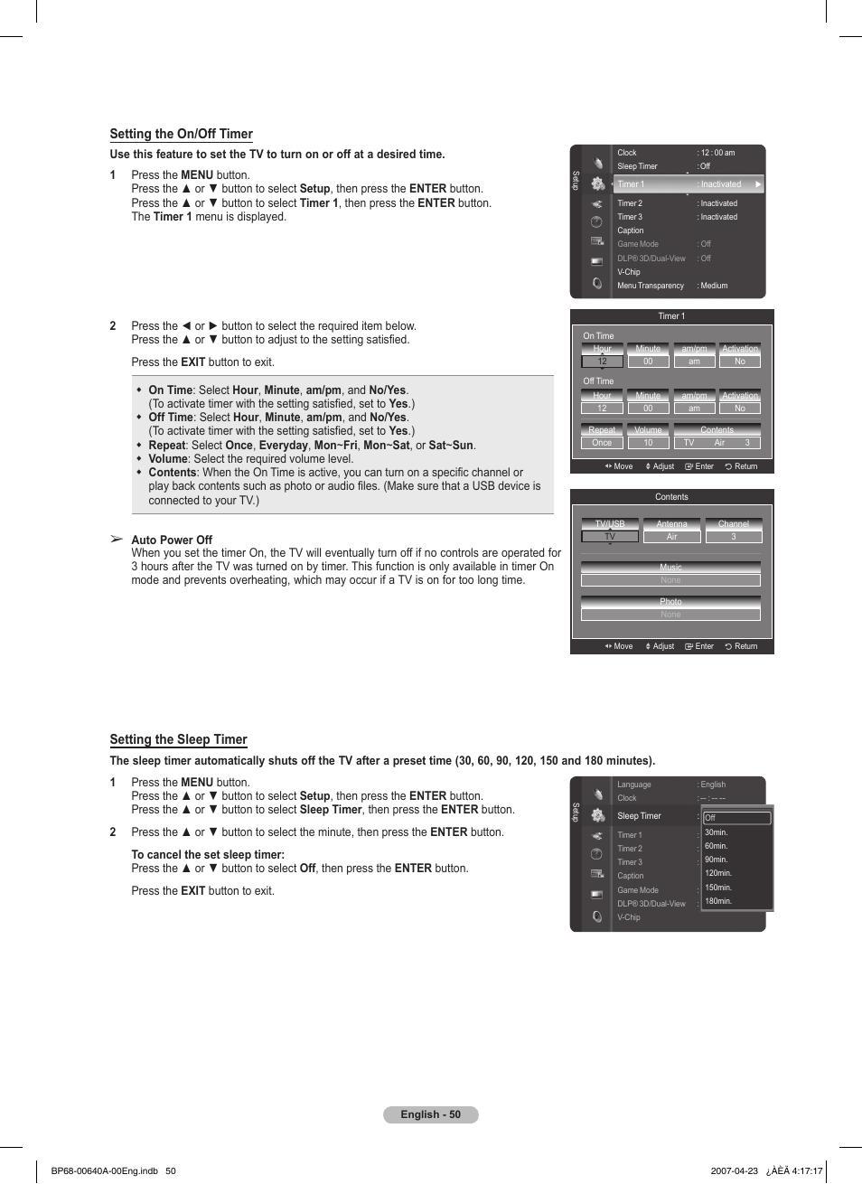 Setting the on/off timer, Setting the sleep timer | Samsung HLT7288WX-XAA User Manual | Page 50 / 276