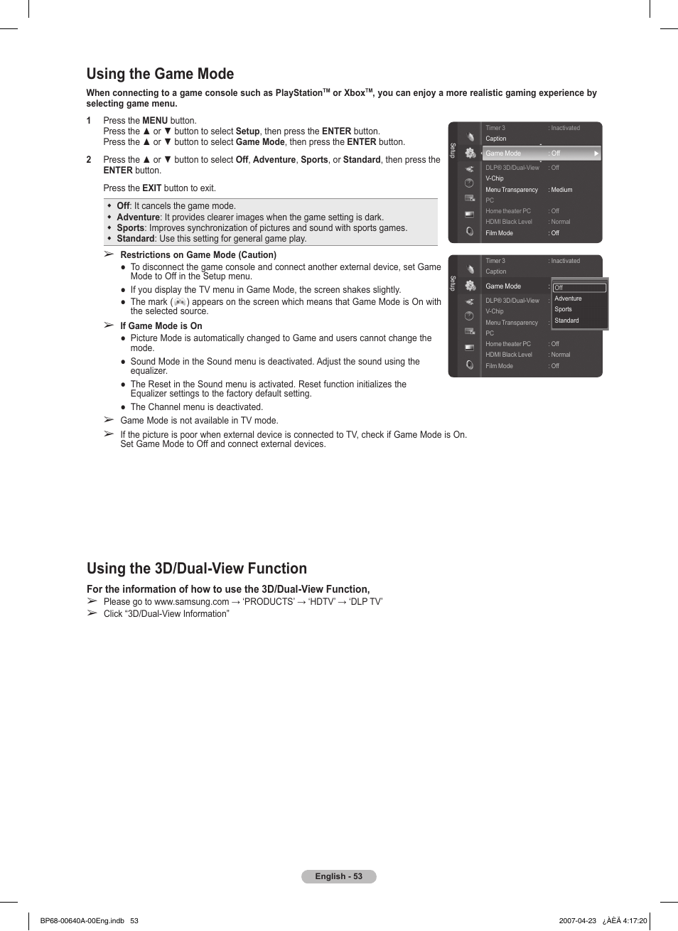 Using the 3d/dual-view function, Using the game mode | Samsung HLT7288WX-XAA User Manual | Page 53 / 276
