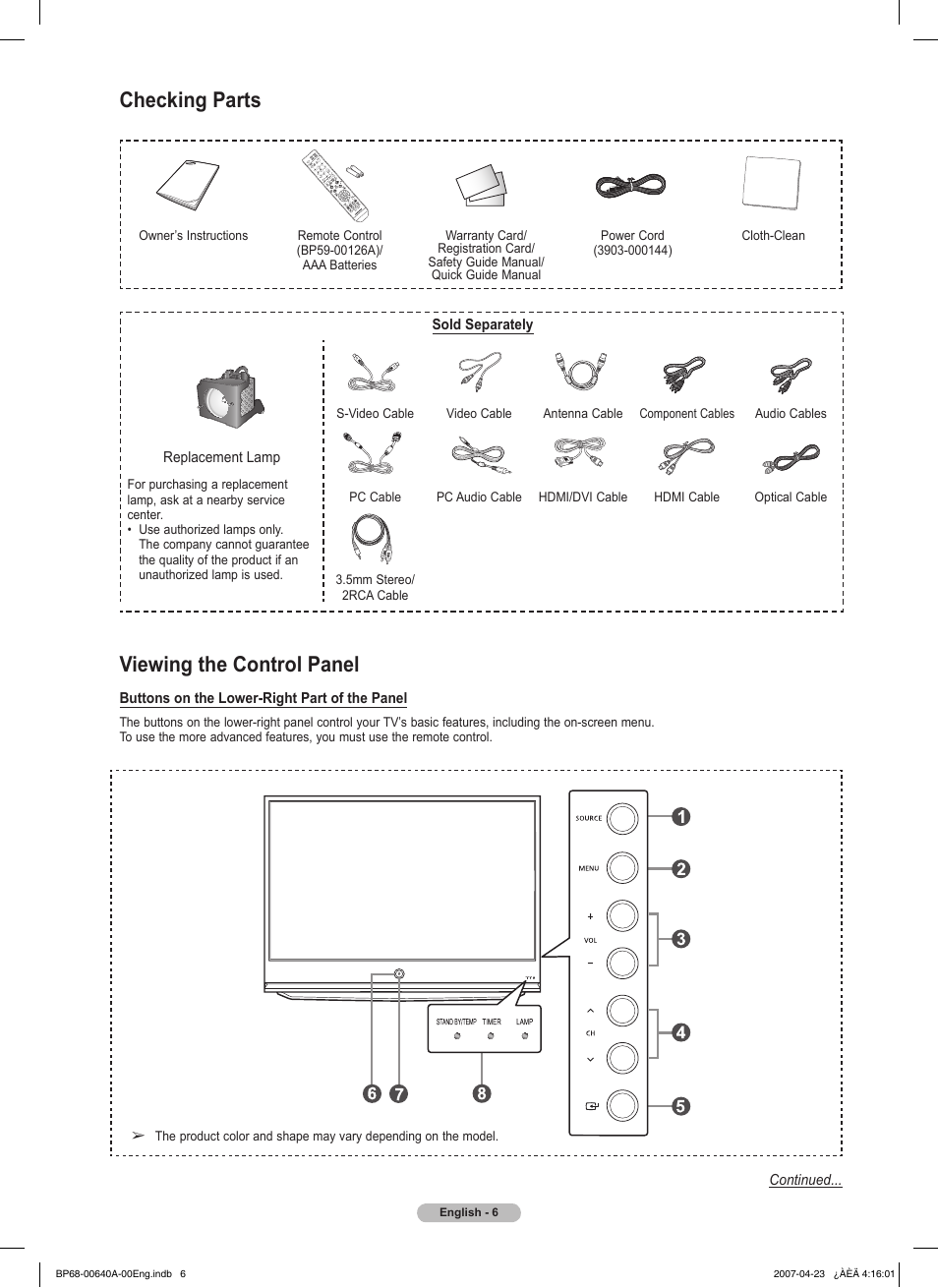 Checking parts, Viewing the control panel | Samsung HLT7288WX-XAA User Manual | Page 6 / 276