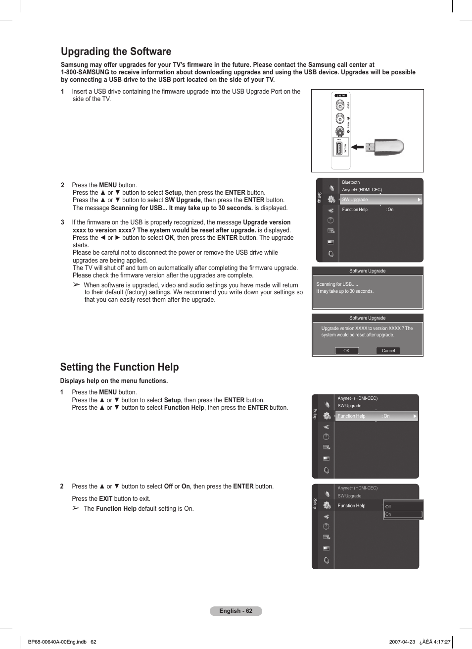 Upgrading the software, Setting the function help | Samsung HLT7288WX-XAA User Manual | Page 62 / 276