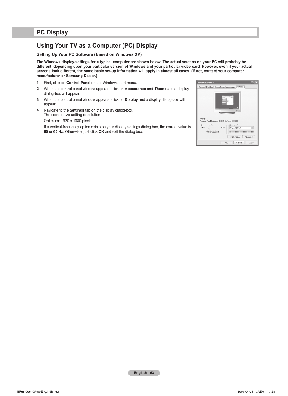 Pc display, Using your tv as a computer (pc) display | Samsung HLT7288WX-XAA User Manual | Page 63 / 276