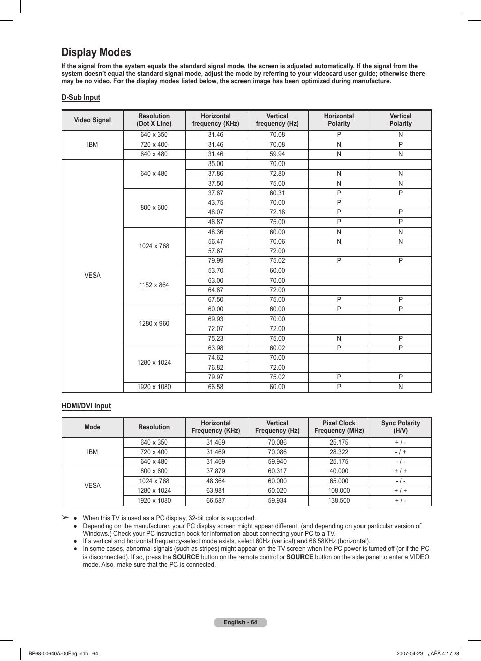 Display modes | Samsung HLT7288WX-XAA User Manual | Page 64 / 276