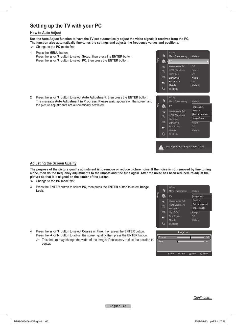 Setting up the tv with your pc, How to auto adjust, Adjusting the screen quality | Continued | Samsung HLT7288WX-XAA User Manual | Page 65 / 276