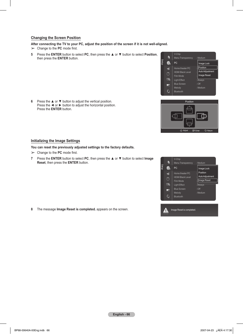 Changing the screen position, Initializing the image settings | Samsung HLT7288WX-XAA User Manual | Page 66 / 276