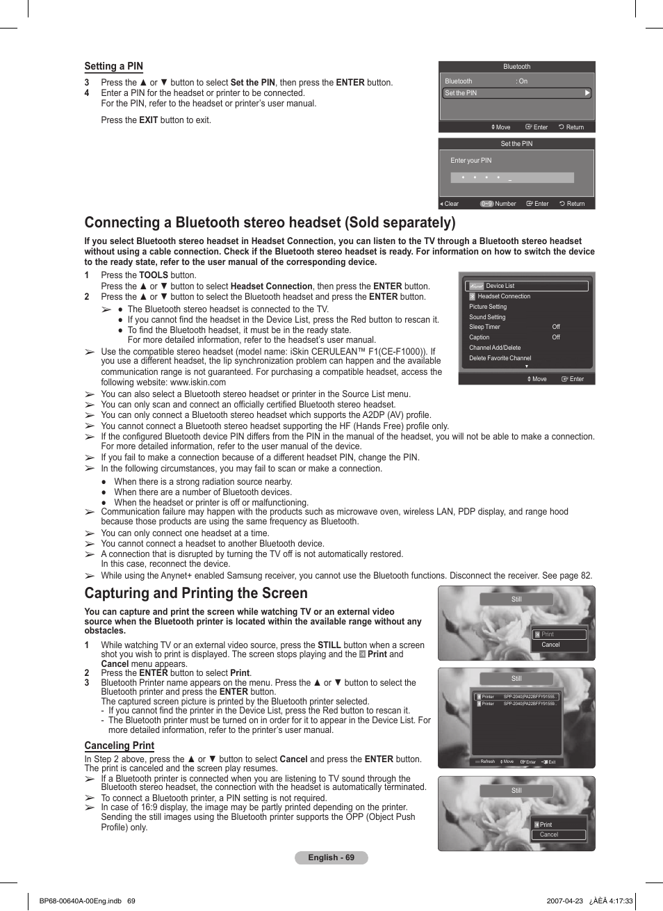 Capturing and printing the screen | Samsung HLT7288WX-XAA User Manual | Page 69 / 276