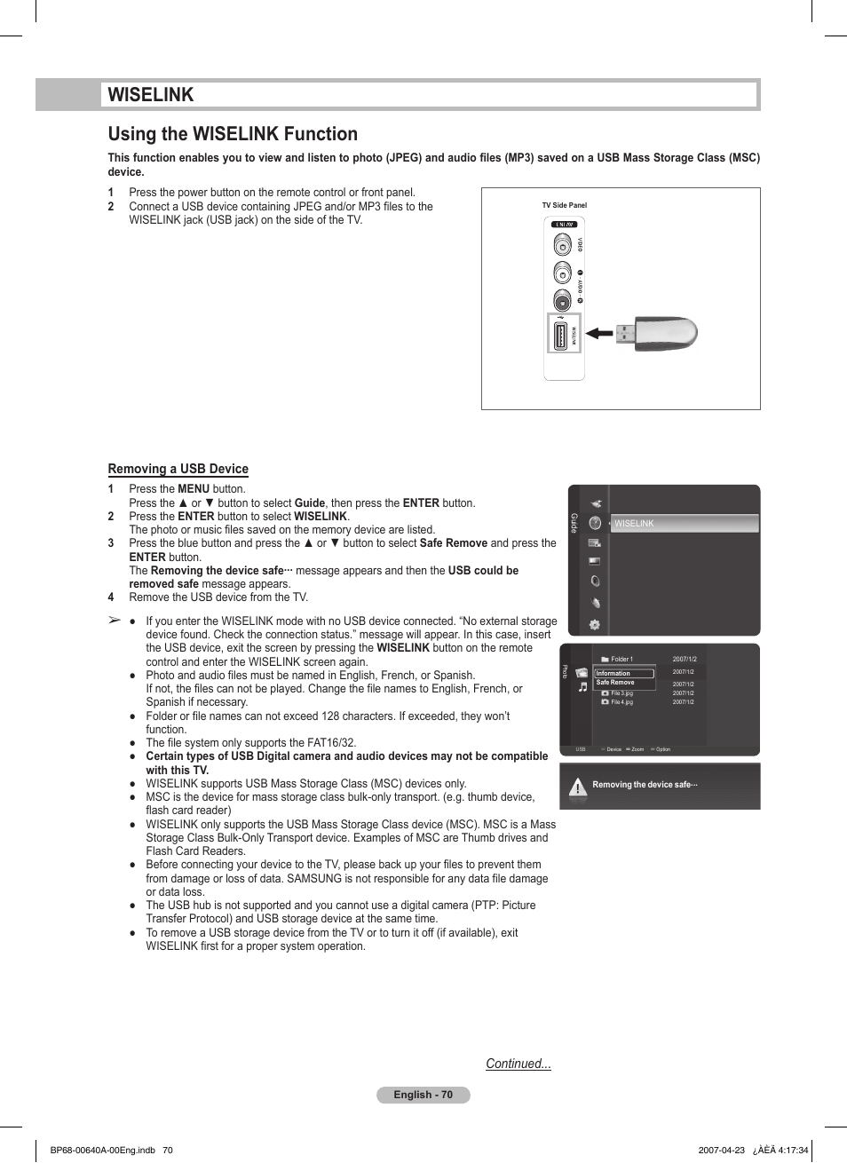 Wiselink, Using the wiselink function, Wiselink using the wiselink function | Removing a usb device, Continued | Samsung HLT7288WX-XAA User Manual | Page 70 / 276