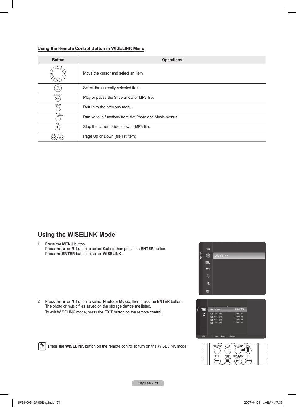 Using the wiselink mode, Using the remote control button in wiselink menu | Samsung HLT7288WX-XAA User Manual | Page 71 / 276