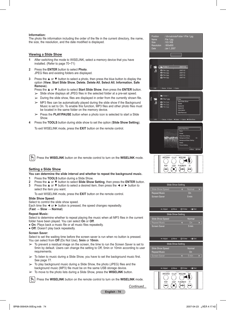 Continued... setting a slide show, Viewing a slide show | Samsung HLT7288WX-XAA User Manual | Page 74 / 276