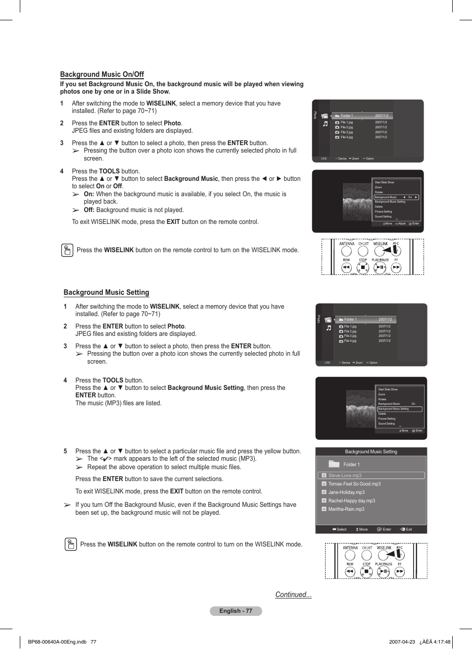 Continued... background music on/off, Background music setting | Samsung HLT7288WX-XAA User Manual | Page 77 / 276
