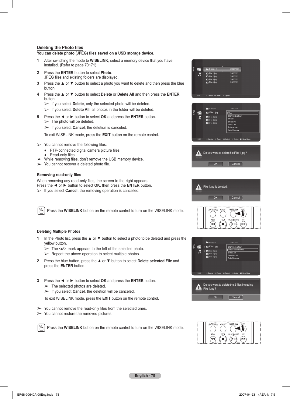 Deleting the photo files, The photo will be deleted, The selected photos are deleted | Samsung HLT7288WX-XAA User Manual | Page 78 / 276