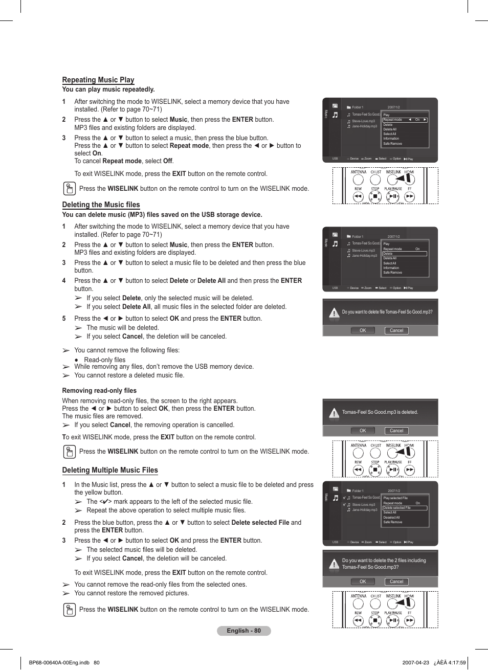 Repeating music play, Deleting the music files, Deleting multiple music files | The music will be deleted, The selected music files will be deleted | Samsung HLT7288WX-XAA User Manual | Page 80 / 276
