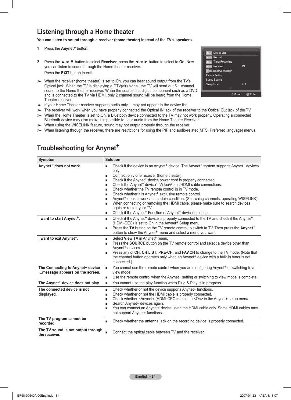 Listening through a home theater, Troubleshooting for anynet | Samsung HLT7288WX-XAA User Manual | Page 84 / 276