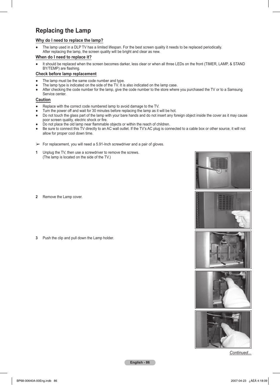 Replacing the lamp | Samsung HLT7288WX-XAA User Manual | Page 86 / 276