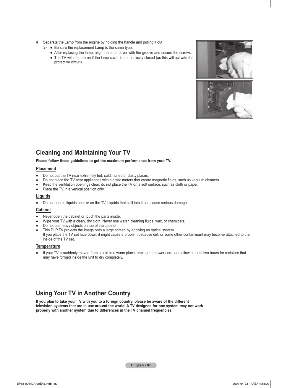 Cleaning and maintaining your tv, Using your tv in another country, Technical specifications | Samsung HLT7288WX-XAA User Manual | Page 87 / 276